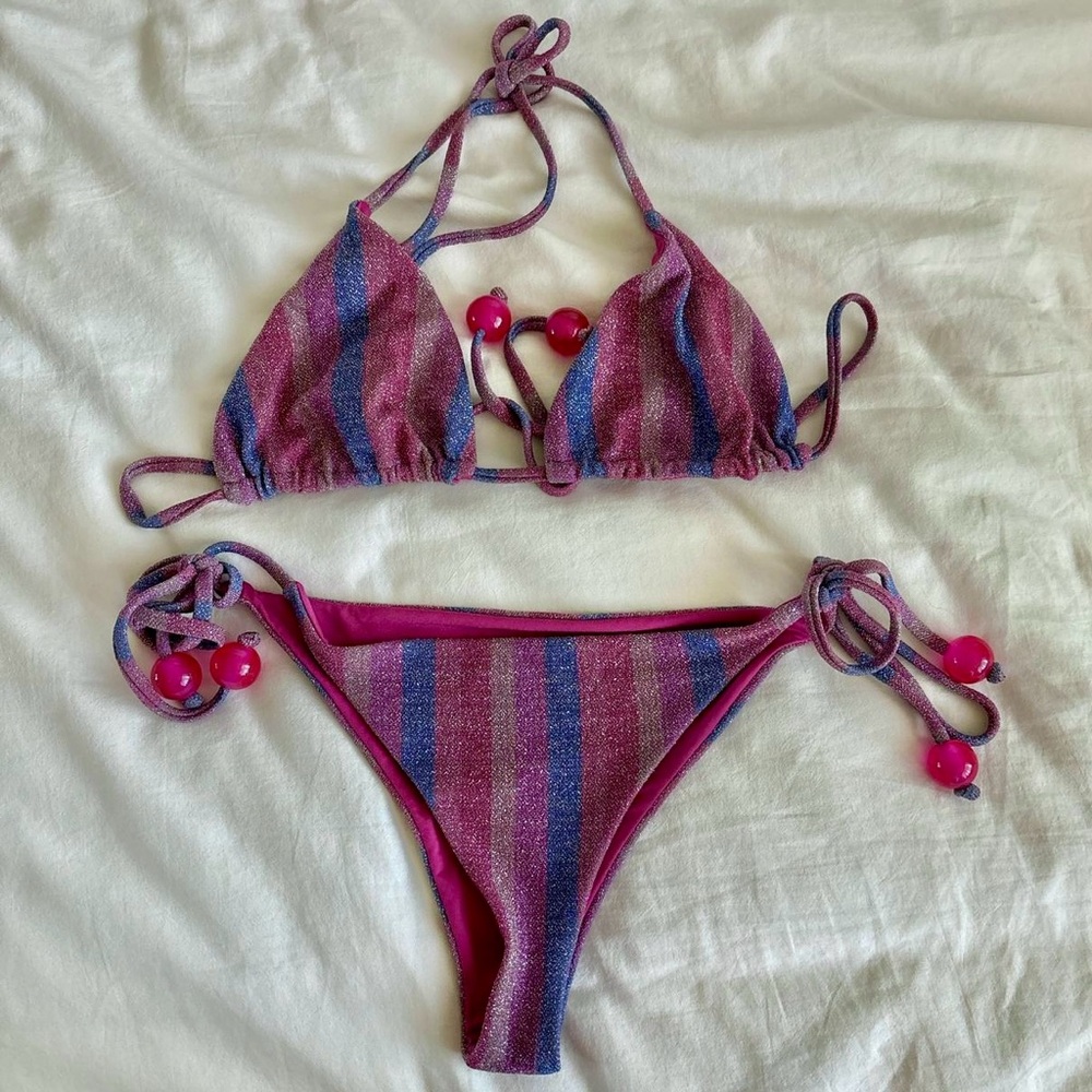 Striped Bikini with Pink and Blue Accents